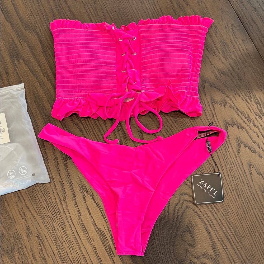 Zaful Neon Pink Smocked Lace-Up Bikini Set